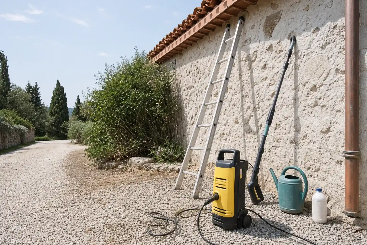 Nettoyeur haute pression domestique et lance télescopique appuyés contre un mur, à côté d’une échelle dressée vers l’égout du toit