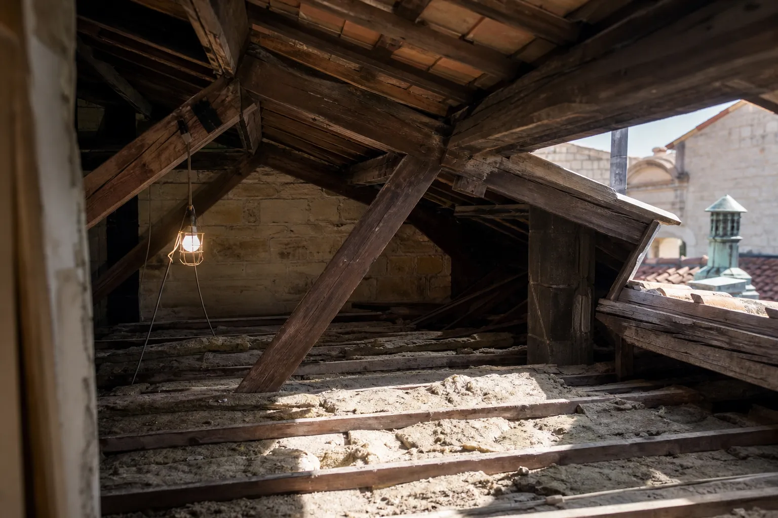 Comble perdu photographié depuis la trappe, solives nues et vieille couche d’isolant mince et irrégulière