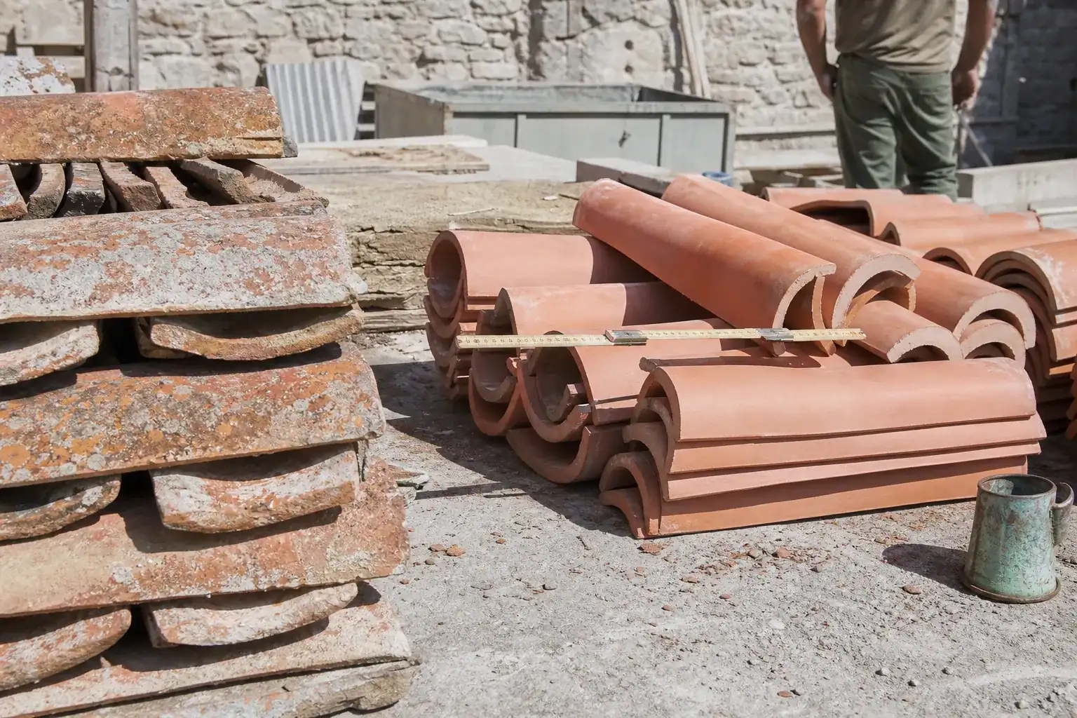 Piles de tuiles canal triées sur un chantier, tuiles de remploi d’un côté et tuiles neuves de l’autre, mètre pliant en travers