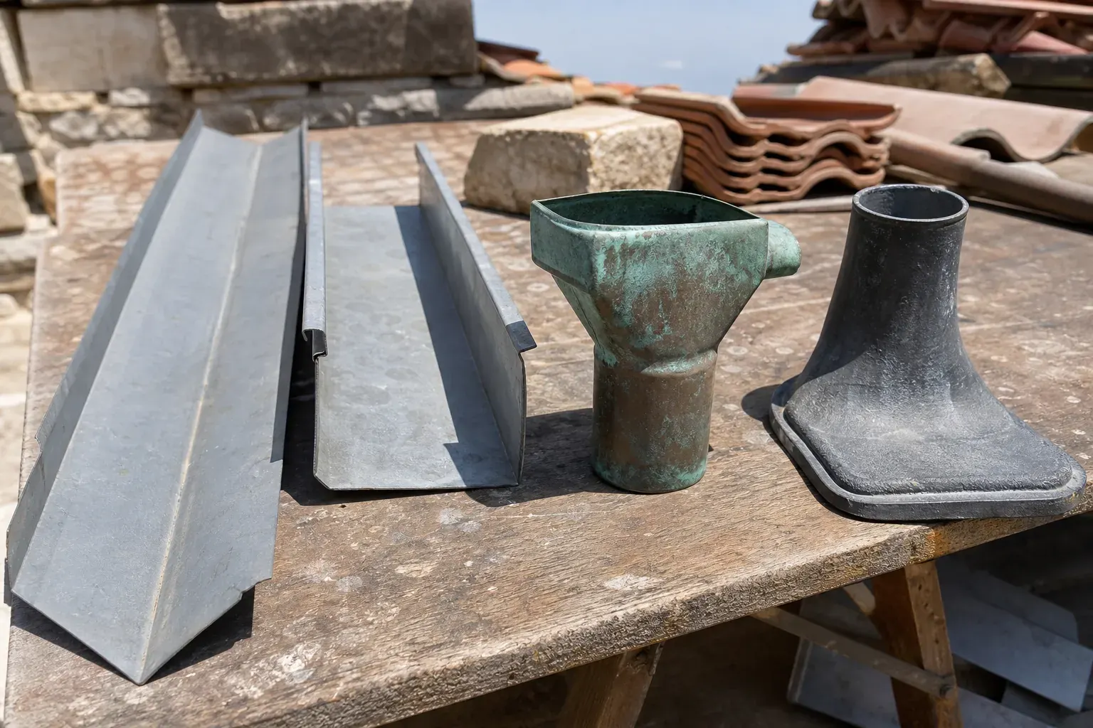 Pièces d’évacuation de toiture alignées sur un établi, tronçon de noue en zinc, section de chéneau, naissance en cuivre et dauphin en fonte