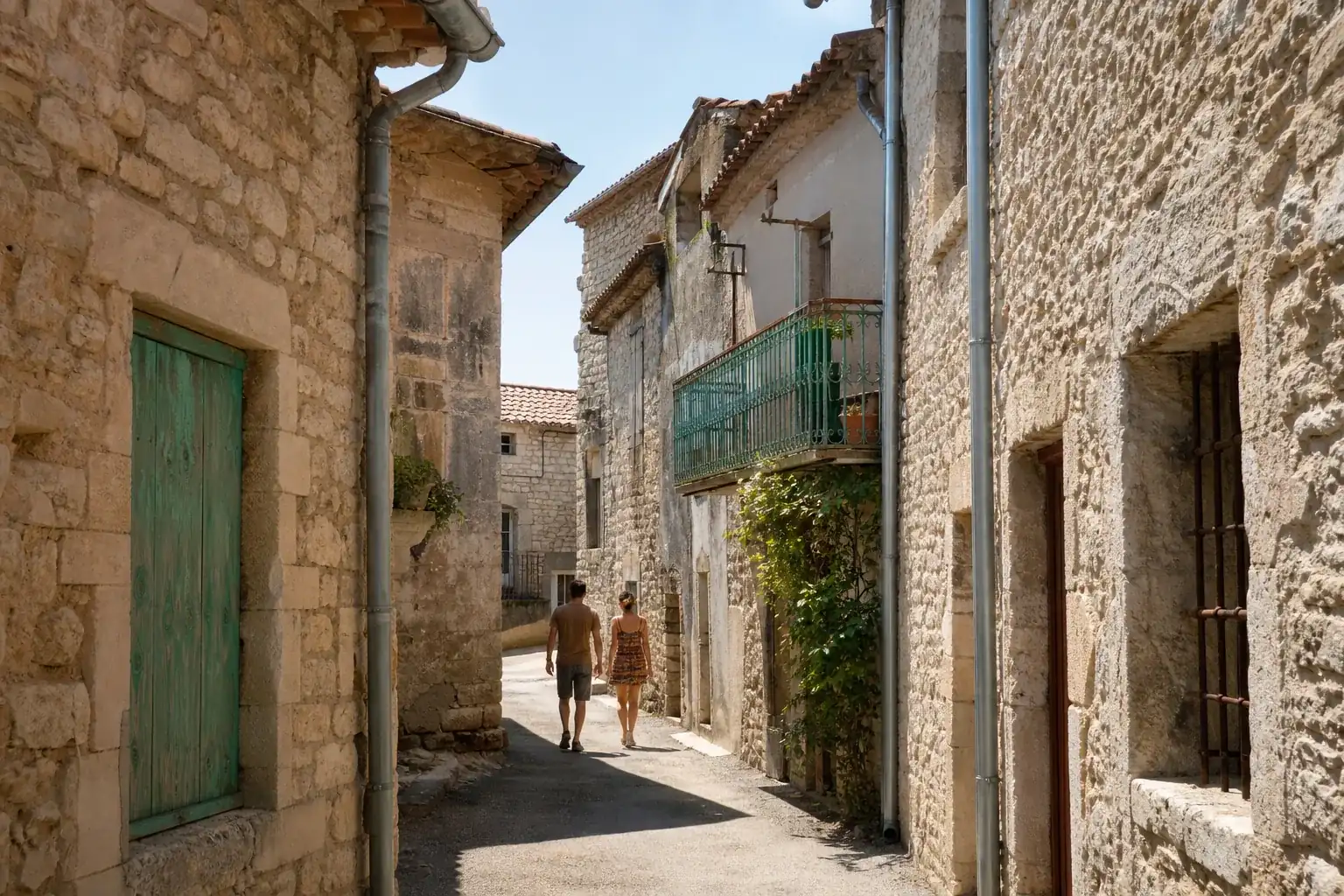 Ruelle de village languedocien, maisons de pierre à deux niveaux dont les égouts de toit se touchent presque