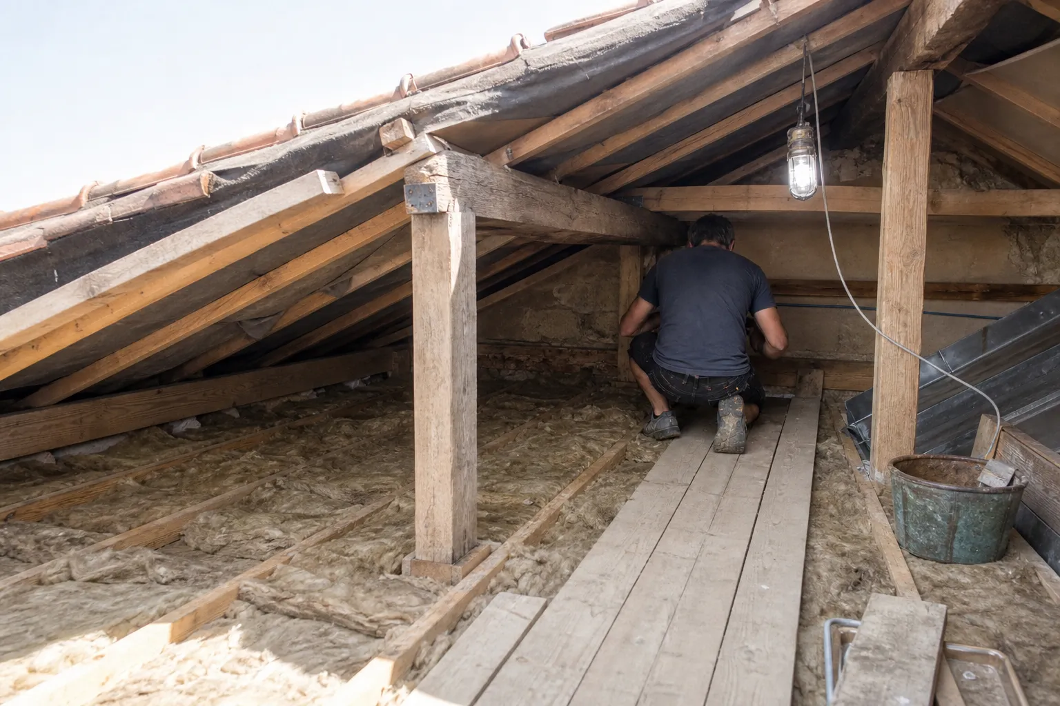 Laine minérale posée entre les chevrons sous l’écran de sous-toiture, baladeuse accrochée à une panne