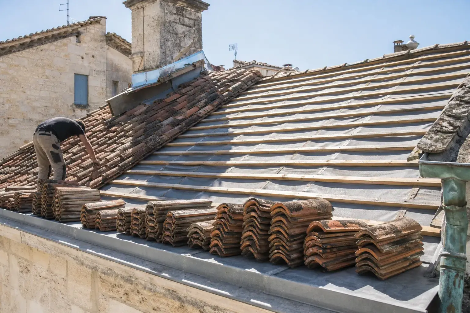 Versant de toiture dégarni sur une moitié, liteaux nus et écran de sous-toiture neuf d’un côté, tuiles anciennes de l’autre