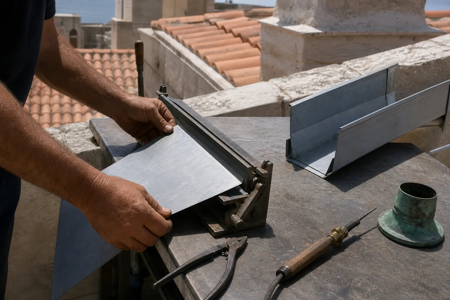 Établi de zingueur sur une terrasse de toit, feuille de zinc en cours de pliage et naissance en cuivre oxydé posée à côté