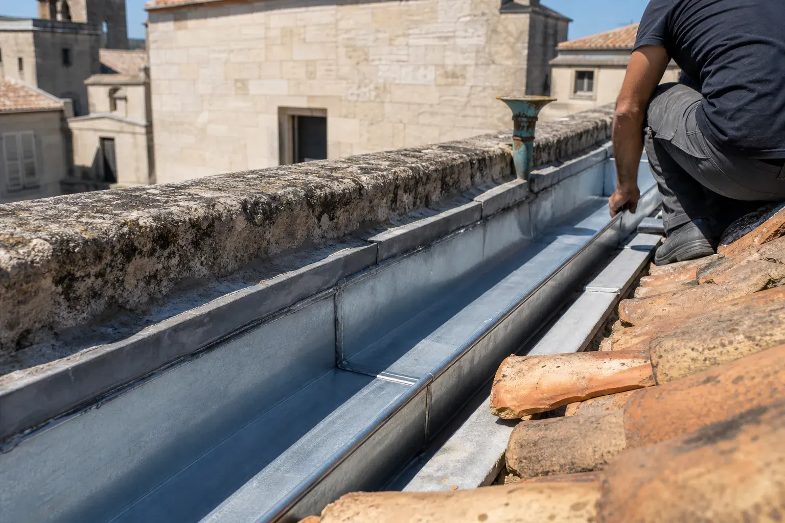 Chéneau derrière acrotère refait à neuf, zinc plié brillant et joints soudés, pierre ancienne du parapet à côté