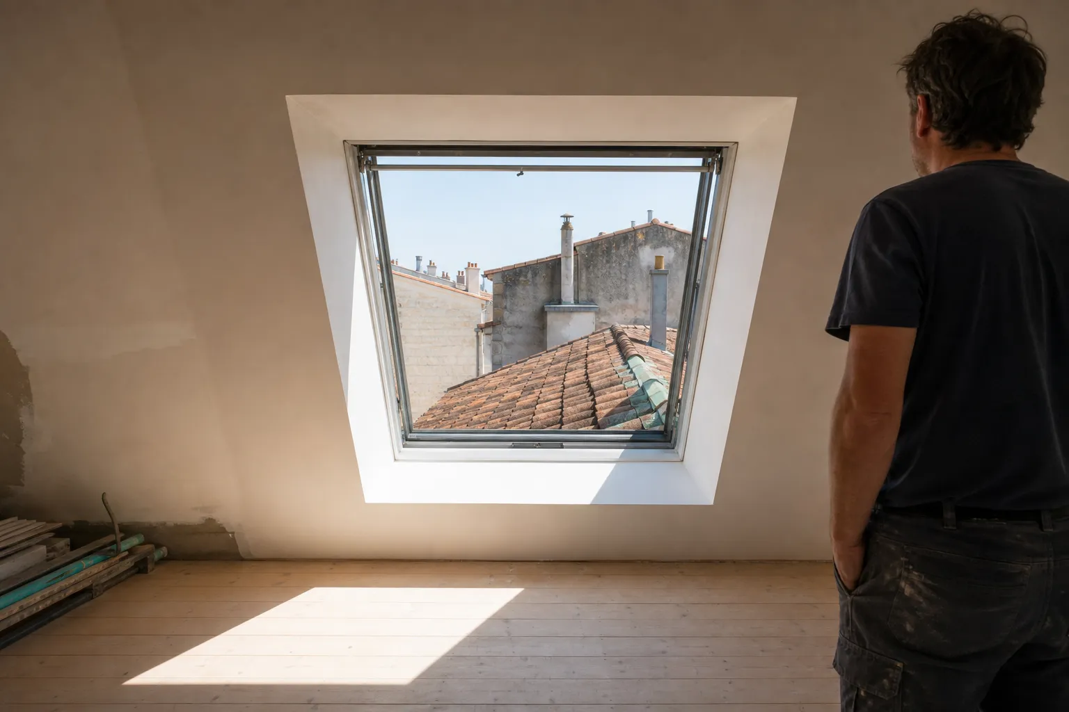 Fenêtre de toit terminée vue de l’intérieur d’un comble aménagé, ébrasements blancs évasés et lumière dure sur le plancher